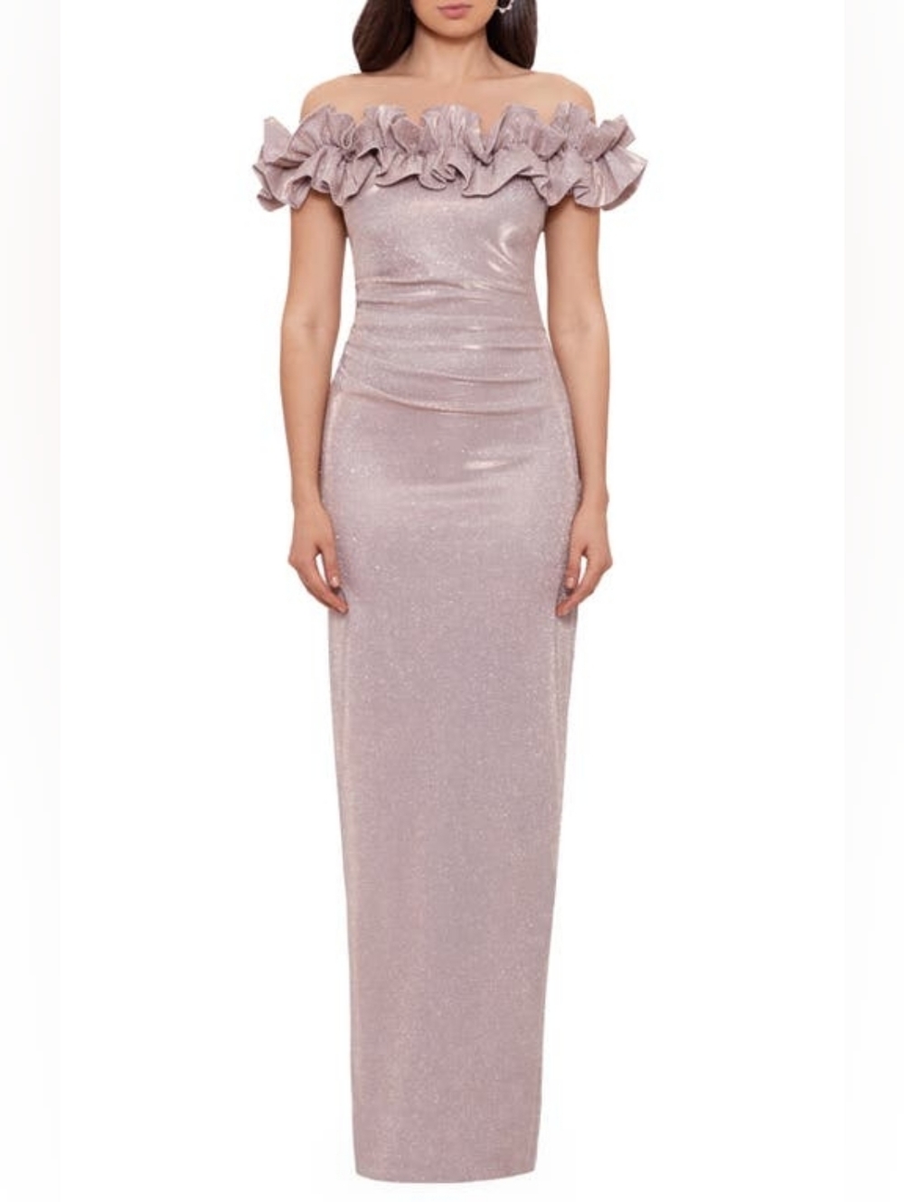 Xscape Off-Shoulder Sparkle Maxi Dress in Dusty Pink